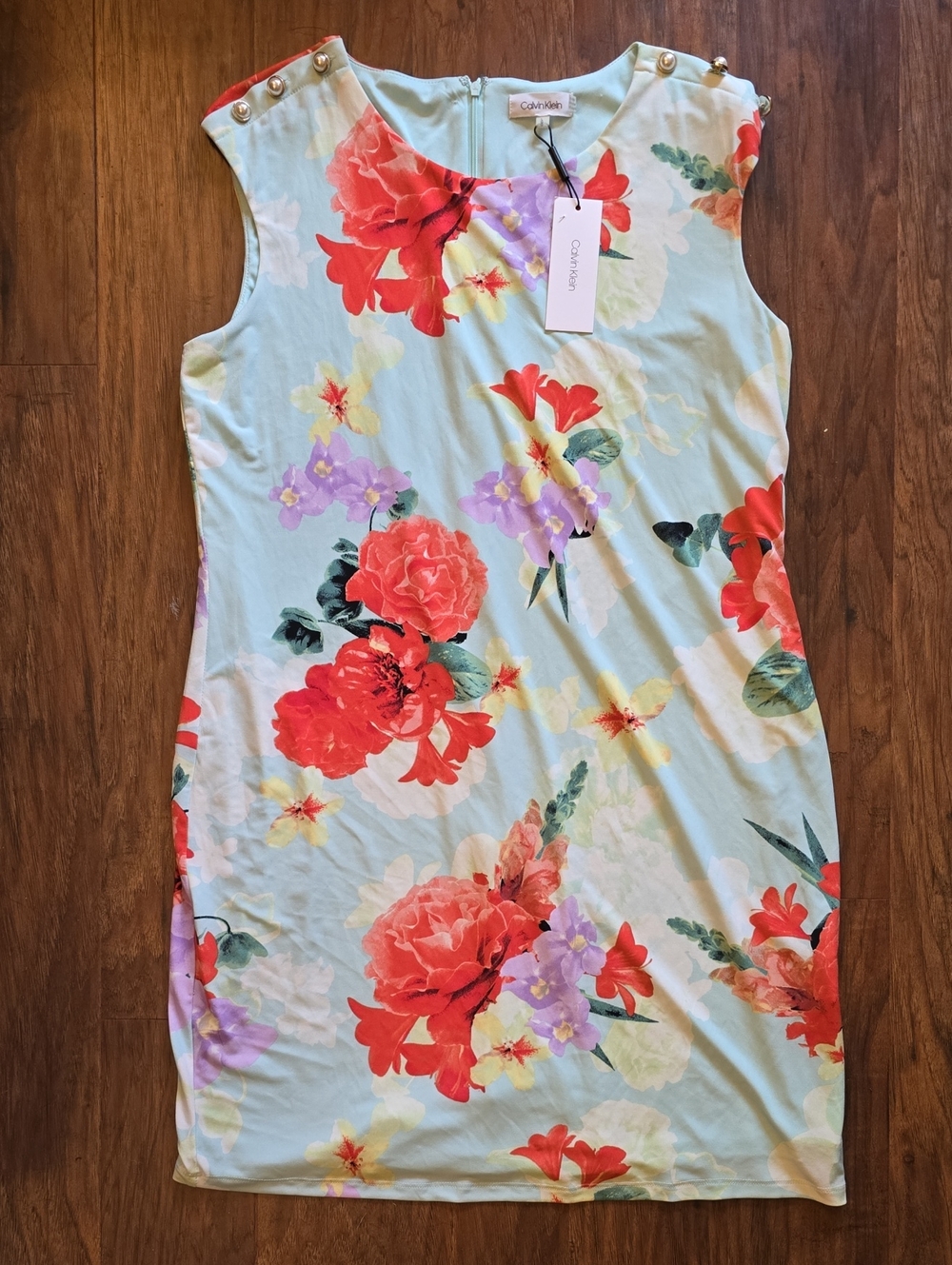 Calvin Klein Mint Shift Dress with Red Floral Print